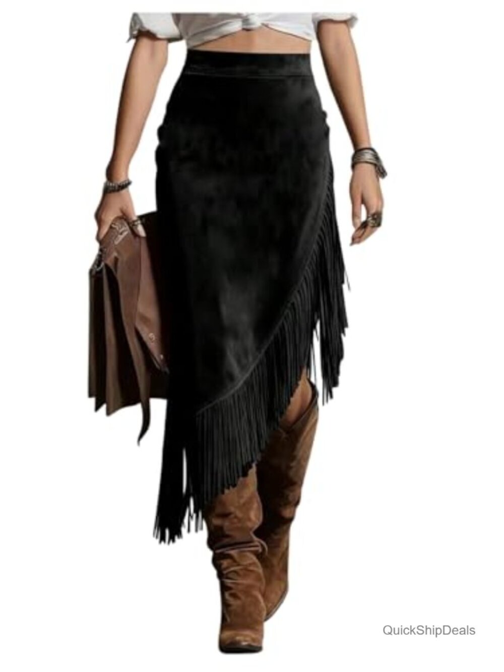 Faux Suede Fringe Asymmetrical Western Midi Concert Skirt